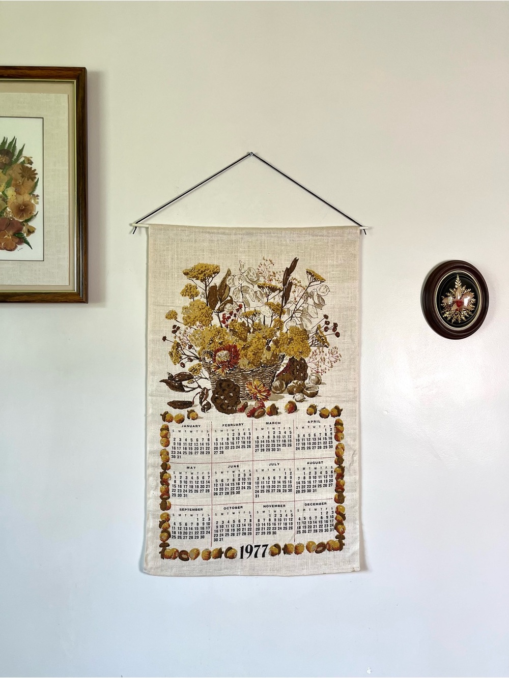 1977 Floral Linen Tapestry Calendar 16.5” x 27”